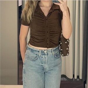 Brown Ruched Button-Up Top